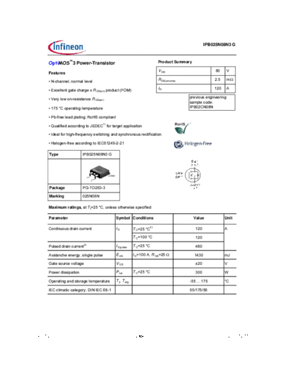 Infineon ipb025n08n3 rev1.2  . Electronic Components Datasheets Active components Transistors Infineon ipb025n08n3_rev1.2.pdf