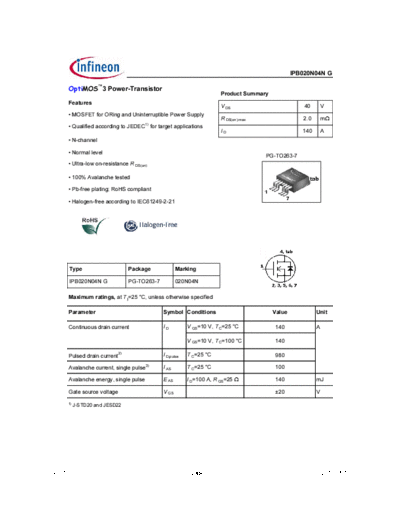 Infineon ipb020n04n rev1.3  . Electronic Components Datasheets Active components Transistors Infineon ipb020n04n_rev1.3.pdf