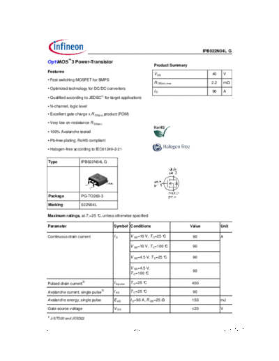 Infineon ipb022n04l rev2.0  . Electronic Components Datasheets Active components Transistors Infineon ipb022n04l_rev2.0.pdf