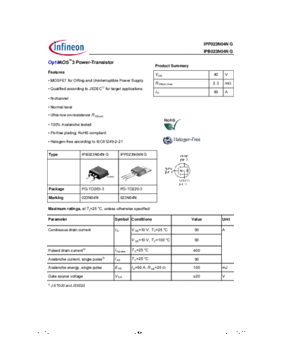 Infineon ipb023n04n rev1.2  . Electronic Components Datasheets Active components Transistors Infineon ipb023n04n_rev1.2.pdf