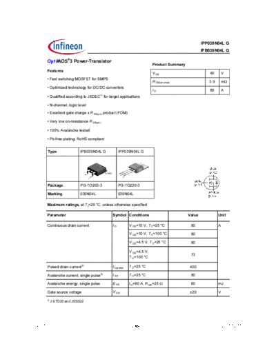 Infineon ipb039n04l rev1[1].0  . Electronic Components Datasheets Active components Transistors Infineon ipb039n04l_rev1[1].0.pdf