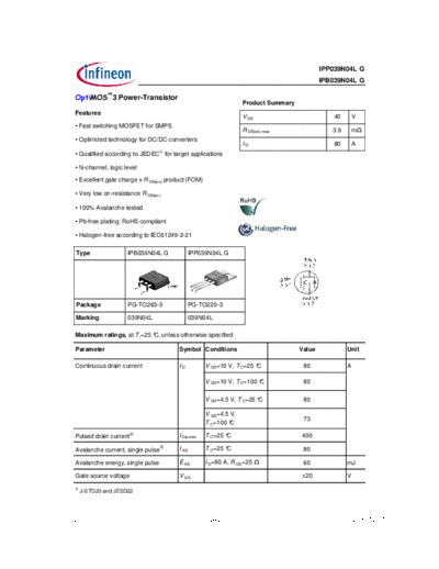 Infineon ipb039n04l rev2.0  . Electronic Components Datasheets Active components Transistors Infineon ipb039n04l_rev2.0.pdf
