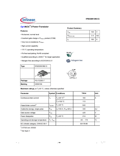 Infineon ipb039n10n3g rev2.03  . Electronic Components Datasheets Active components Transistors Infineon ipb039n10n3g_rev2.03.pdf