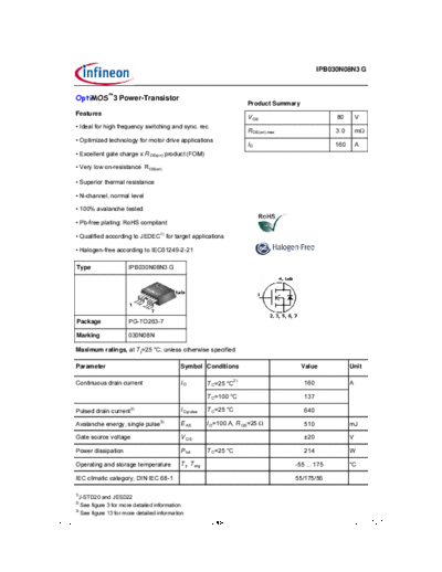Infineon ipb030n08n3 rev2.3  . Electronic Components Datasheets Active components Transistors Infineon ipb030n08n3_rev2.3.pdf