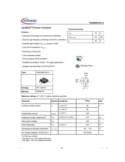 . Electronic Components Datasheets ipb049ne7n3 rev2.2  . Electronic Components Datasheets Active components Transistors Infineon ipb049ne7n3_rev2.2.pdf