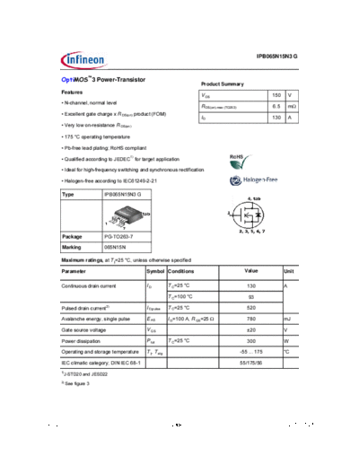 Infineon ipb065n15n3g rev2.1  . Electronic Components Datasheets Active components Transistors Infineon ipb065n15n3g_rev2.1.pdf