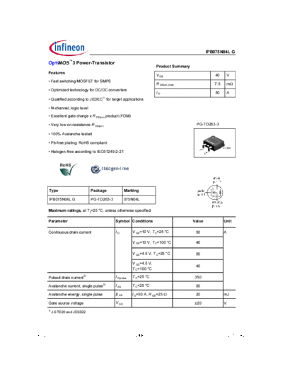 Infineon ipb075n04l rev2.0  . Electronic Components Datasheets Active components Transistors Infineon ipb075n04l_rev2.0.pdf