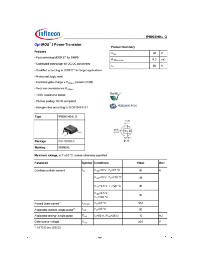 Infineon ipb093n04l rev2.0  . Electronic Components Datasheets Active components Transistors Infineon ipb093n04l_rev2.0.pdf