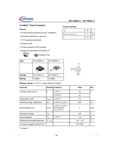 Infineon ipb110n06lg ipp110n06lg  . Electronic Components Datasheets Active components Transistors Infineon ipb110n06lg_ipp110n06lg.pdf