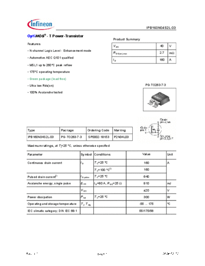 Infineon ipb160n04s2l-03 green  . Electronic Components Datasheets Active components Transistors Infineon ipb160n04s2l-03_green.pdf