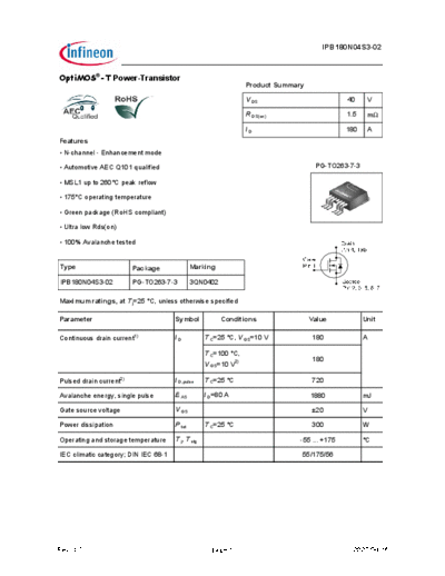 Infineon ipb180n04s3-02 ds 1 0  . Electronic Components Datasheets Active components Transistors Infineon ipb180n04s3-02_ds_1_0.pdf