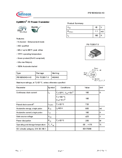 Infineon ipb180n04s4-h0 ds 1 0  . Electronic Components Datasheets Active components Transistors Infineon ipb180n04s4-h0_ds_1_0.pdf