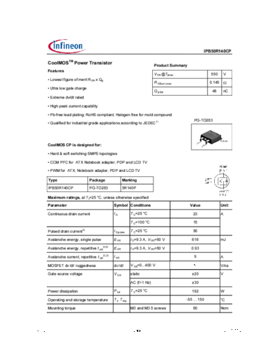 Infineon ipb50r140cp rev2.0  . Electronic Components Datasheets Active components Transistors Infineon ipb50r140cp_rev2.0.pdf