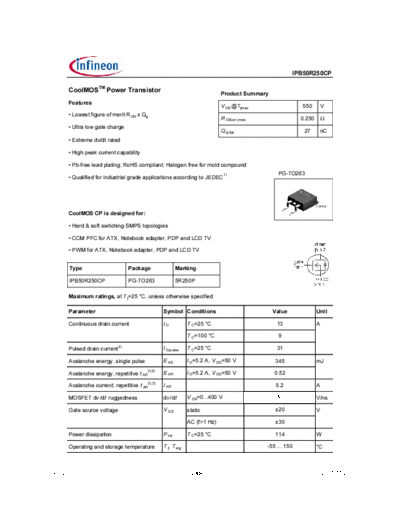 Infineon ipb50r250cp rev2.0  . Electronic Components Datasheets Active components Transistors Infineon ipb50r250cp_rev2.0.pdf