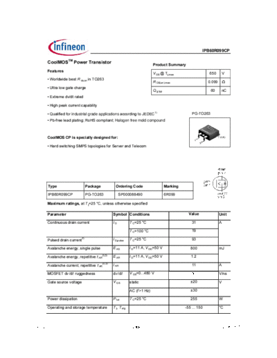 Infineon ipb60r099cp rev2.0  . Electronic Components Datasheets Active components Transistors Infineon ipb60r099cp_rev2.0.pdf