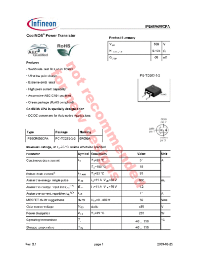 Infineon ipb60r099cpa  . Electronic Components Datasheets Active components Transistors Infineon ipb60r099cpa.pdf