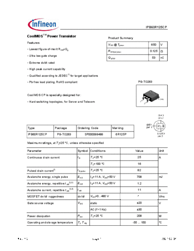 Infineon ipb60r125cp rev1.0a  . Electronic Components Datasheets Active components Transistors Infineon ipb60r125cp_rev1.0a.pdf