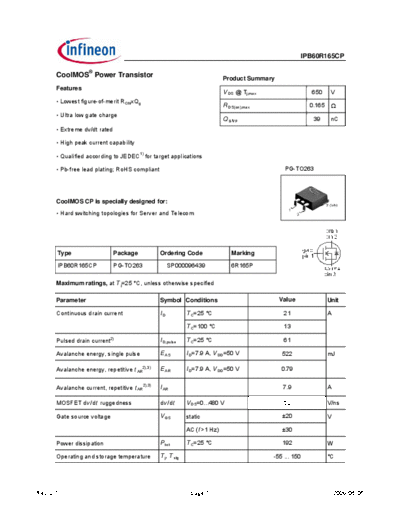 Infineon ipb60r165cp rev21  . Electronic Components Datasheets Active components Transistors Infineon ipb60r165cp_rev21.pdf
