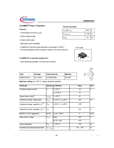 . Electronic Components Datasheets ipb60r199cp rev2.1a  . Electronic Components Datasheets Active components Transistors Infineon ipb60r199cp_rev2.1a.pdf