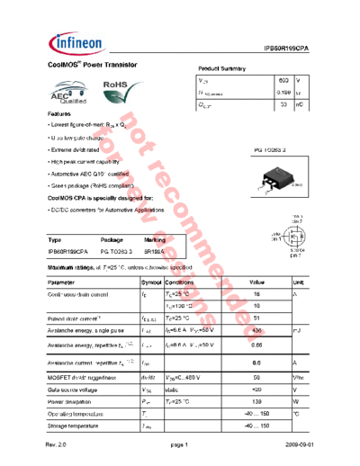 Infineon ipb60r199cpa  . Electronic Components Datasheets Active components Transistors Infineon ipb60r199cpa.pdf