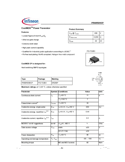 Infineon ipb60r299cp rev2.0  . Electronic Components Datasheets Active components Transistors Infineon ipb60r299cp_rev2.0.pdf