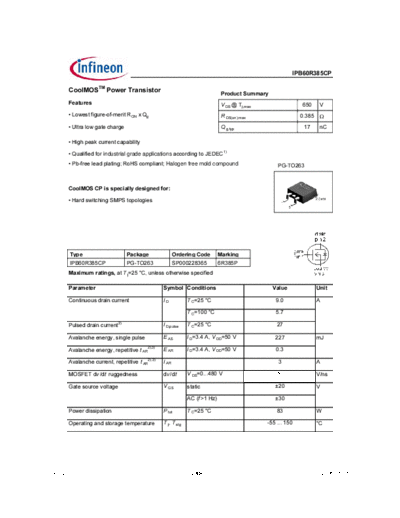 Infineon ipb60r385cp rev2.0  . Electronic Components Datasheets Active components Transistors Infineon ipb60r385cp_rev2.0.pdf