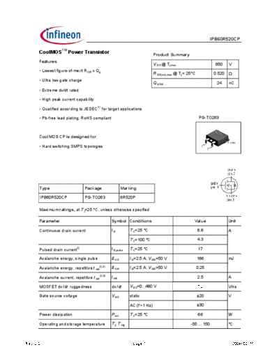 . Electronic Components Datasheets ipb60r520cp rev2.0  . Electronic Components Datasheets Active components Transistors Infineon ipb60r520cp_rev2.0.pdf