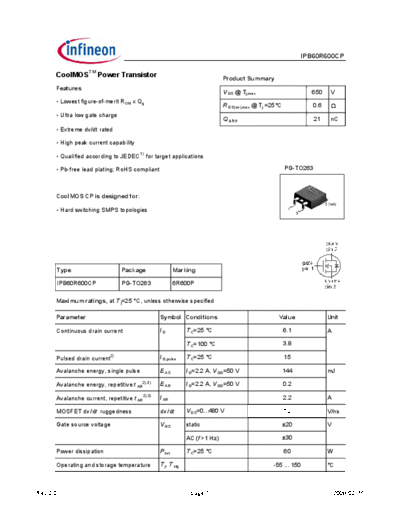 Infineon ipb60r600cp rev2.0  . Electronic Components Datasheets Active components Transistors Infineon ipb60r600cp_rev2.0.pdf