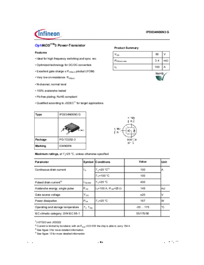 Infineon ipd034n06n3 rev2.0  . Electronic Components Datasheets Active components Transistors Infineon ipd034n06n3_rev2.0.pdf