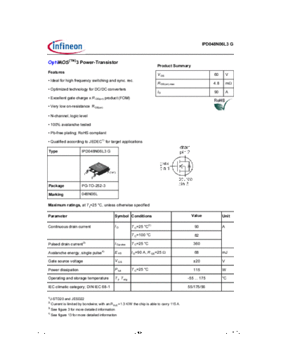 Infineon ipd048n06l3 rev2.0  . Electronic Components Datasheets Active components Transistors Infineon ipd048n06l3_rev2.0.pdf