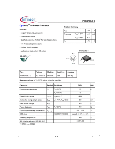 Infineon ipd042p03l3g 20  . Electronic Components Datasheets Active components Transistors Infineon ipd042p03l3g_20.pdf