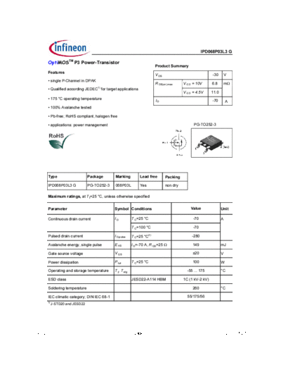 Infineon ipd068p03l3g 20  . Electronic Components Datasheets Active components Transistors Infineon ipd068p03l3g_20.pdf