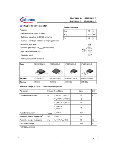 Infineon ipd075n03lg rev1[1].1  . Electronic Components Datasheets Active components Transistors Infineon ipd075n03lg_rev1[1].1.pdf