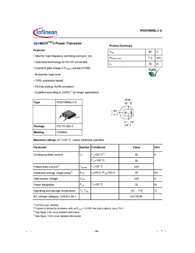 Infineon ipd079n06l3 rev2.0  . Electronic Components Datasheets Active components Transistors Infineon ipd079n06l3_rev2.0.pdf