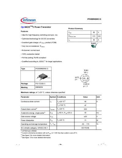 Infineon ipd088n06n3 rev2.0  . Electronic Components Datasheets Active components Transistors Infineon ipd088n06n3_rev2.0.pdf