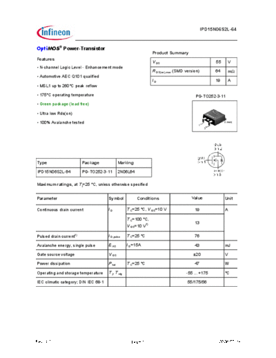 Infineon ipd15n06s2l-64 green  . Electronic Components Datasheets Active components Transistors Infineon ipd15n06s2l-64_green.pdf