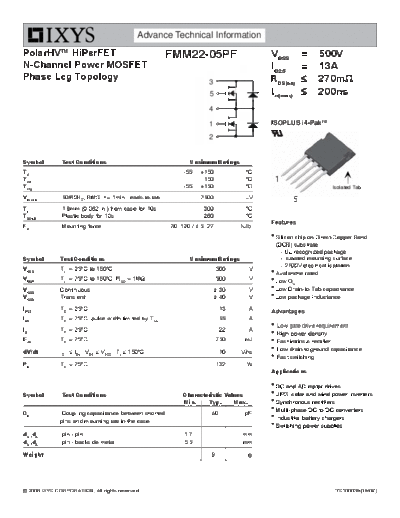 Ixys fmm22-05pf  . Electronic Components Datasheets Active components Transistors Ixys fmm22-05pf.pdf