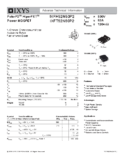 Ixys ixft52n50p2 ixfh52n50p2  . Electronic Components Datasheets Active components Transistors Ixys ixft52n50p2_ixfh52n50p2.pdf