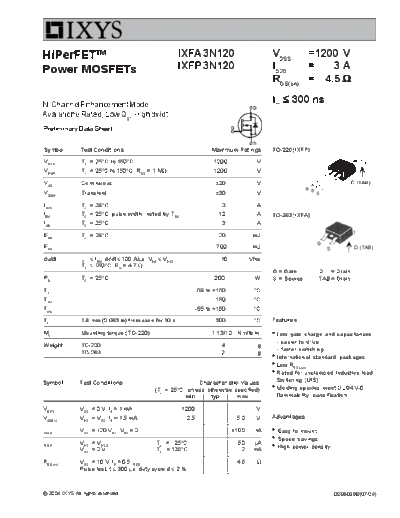 Ixys ixfa3n120 ixfp3n120  . Electronic Components Datasheets Active components Transistors Ixys ixfa3n120_ixfp3n120.pdf