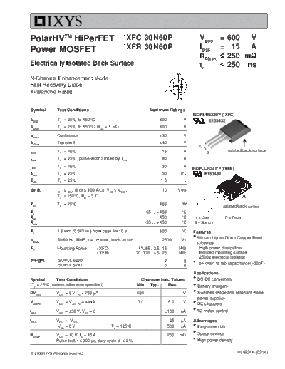 Ixys ixfc30n60p ixfr30n60p  . Electronic Components Datasheets Active components Transistors Ixys ixfc30n60p_ixfr30n60p.pdf