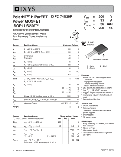 Ixys ixfc74n20p  . Electronic Components Datasheets Active components Transistors Ixys ixfc74n20p.pdf