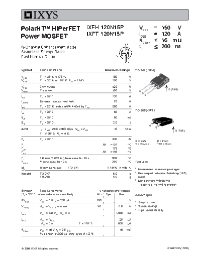 Ixys ixfh120n15p ixft120n15p  . Electronic Components Datasheets Active components Transistors Ixys ixfh120n15p_ixft120n15p.pdf