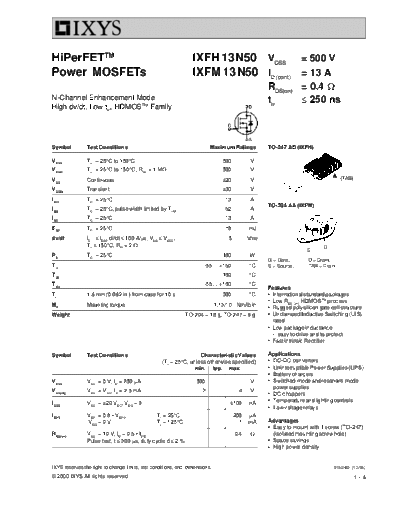 Ixys ixfh13n50 ixfm13n50  . Electronic Components Datasheets Active components Transistors Ixys ixfh13n50_ixfm13n50.pdf