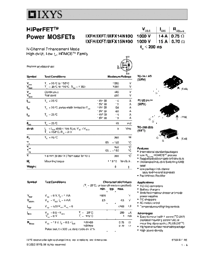 Ixys ixfh14n100 ixft14n100 ixfx14n100 ixfh15n100 ixft15n100 ixfx15n100  . Electronic Components Datasheets Active components Transistors Ixys ixfh14n100_ixft14n100_ixfx14n100_ixfh15n100_ixft15n100_ixfx15n100.pdf