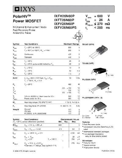 Ixys ixfh26n60p ixft26n60p ixfv26n60p  . Electronic Components Datasheets Active components Transistors Ixys ixfh26n60p_ixft26n60p_ixfv26n60p.pdf