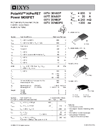 Ixys ixfh30n60p ixfv30n60p ixft30n60p  . Electronic Components Datasheets Active components Transistors Ixys ixfh30n60p_ixfv30n60p_ixft30n60p.pdf