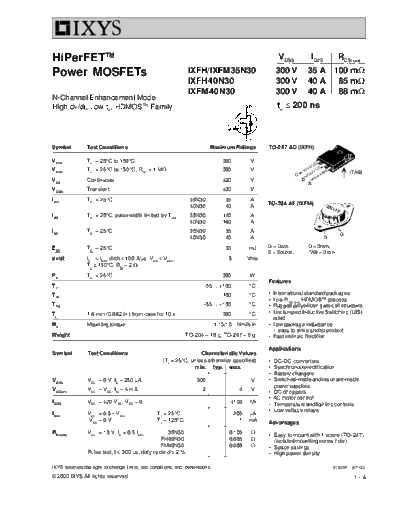 Ixys ixfh35n30 ixfh40n30 ixfm35n30 ixfm40n30  . Electronic Components Datasheets Active components Transistors Ixys ixfh35n30_ixfh40n30_ixfm35n30_ixfm40n30.pdf