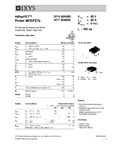 Ixys ixfh80n085 ixft80n085  . Electronic Components Datasheets Active components Transistors Ixys ixfh80n085_ixft80n085.pdf