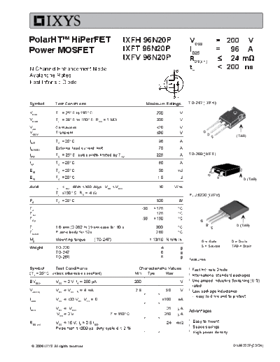 Ixys ixfh96n20p ixft96n20p ixfv96n20p  . Electronic Components Datasheets Active components Transistors Ixys ixfh96n20p_ixft96n20p_ixfv96n20p.pdf
