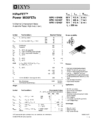 Ixys ixfk110n06 ixfk105n07 ixfk110n07  . Electronic Components Datasheets Active components Transistors Ixys ixfk110n06_ixfk105n07_ixfk110n07.pdf